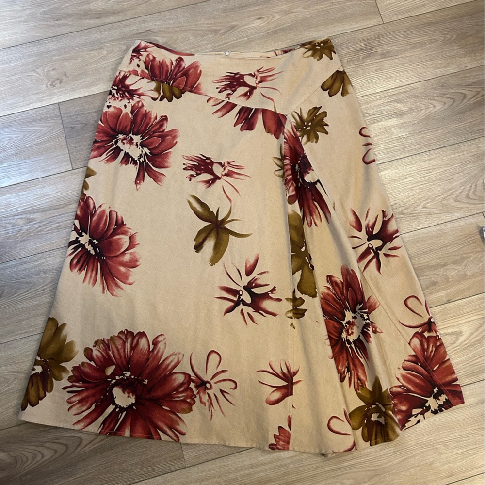 Cato Floral A-Line Skirt Women’s 18/20W Beige Red Linen Blend Knee Length